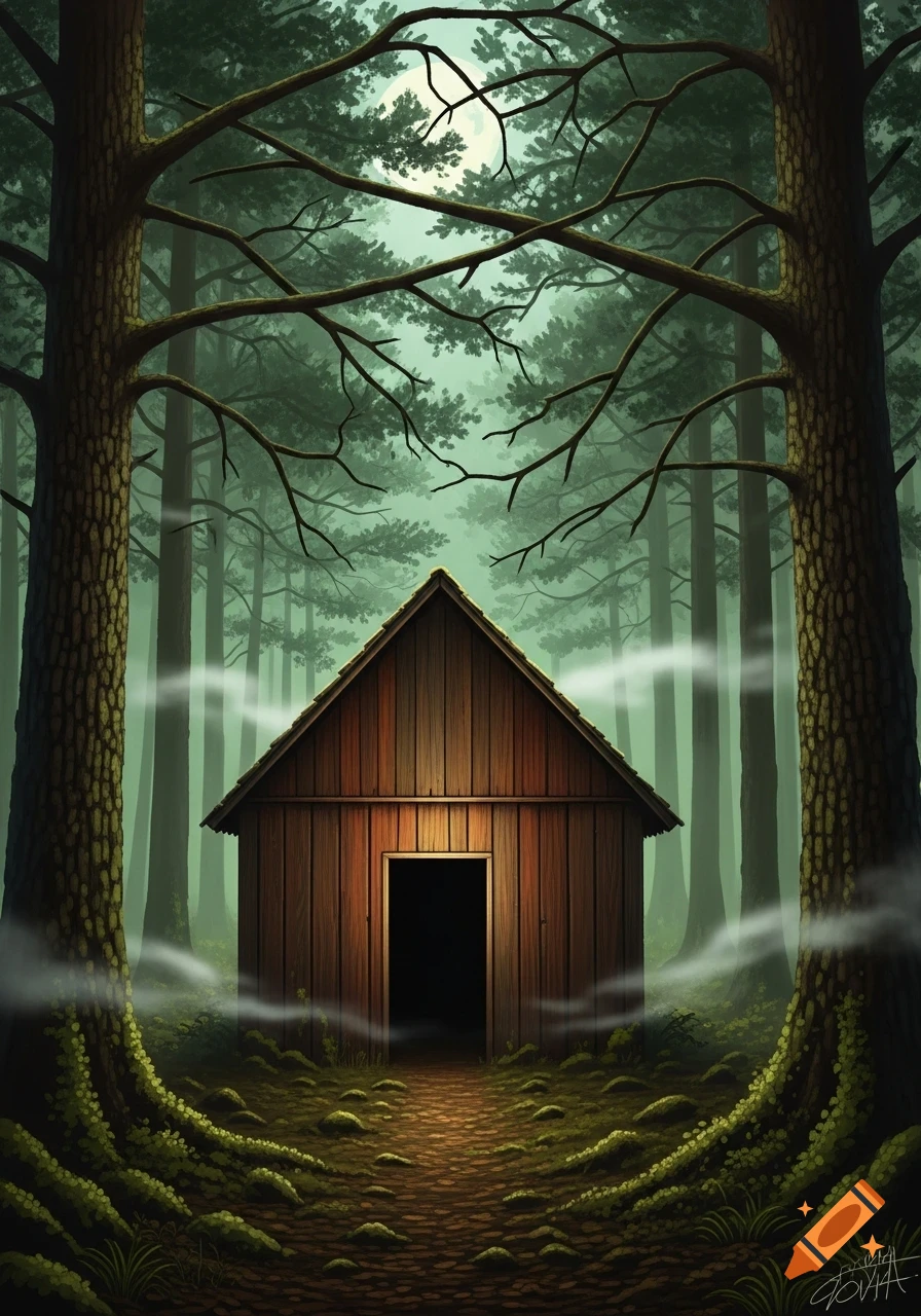A stylized illustration of a rustic wooden cabin with no windows, nestled in a foggy, dark forest under a full moon, with a mossy path leading to its doorway.