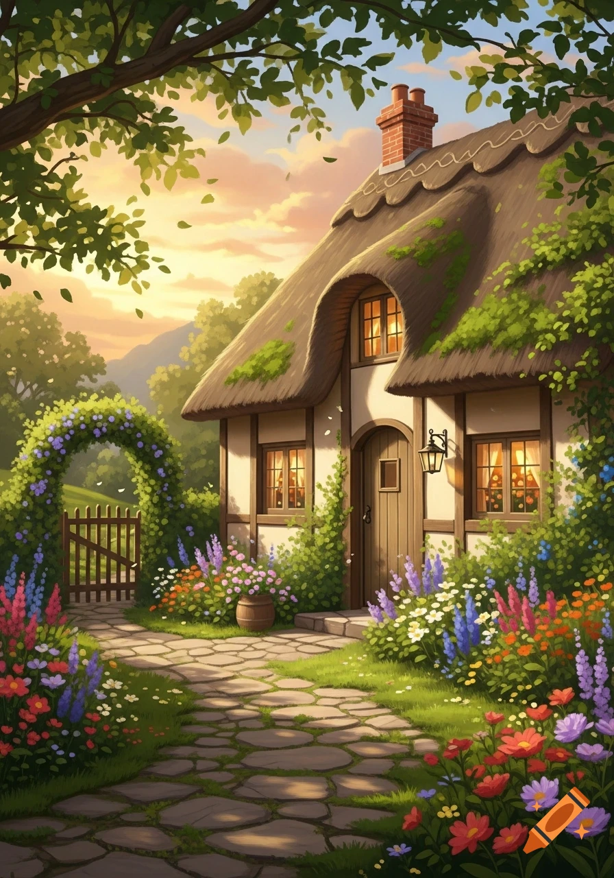 An idyllic cottage with a thatched roof in a vibrant flower garden, a stone path leading to a gate, bathed in warm sunset light.