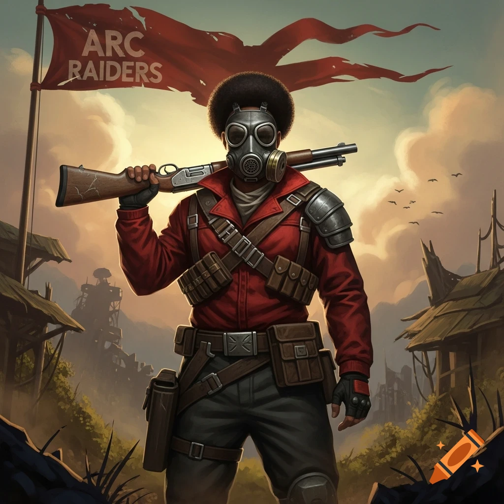 A gas-masked Arc Raider with an afro in a red jacket holds a shotgun over their shoulder, standing in a wasteland under a red flag reading 'ARC RAIDERS'.