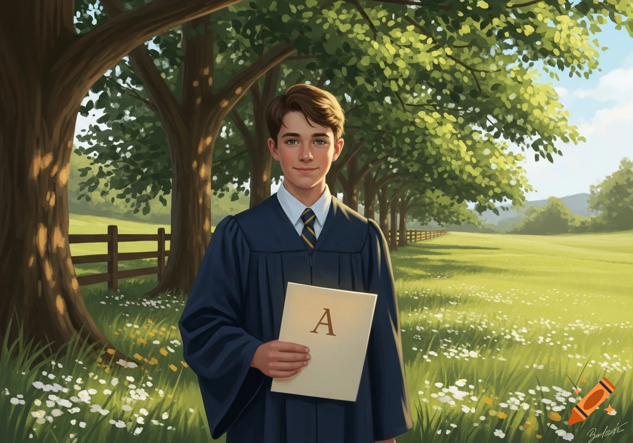 Young boy in a dark blue graduation gown holds a paper with a large 'A' in a sunny, tree-lined meadow with white flowers. Illustrated.