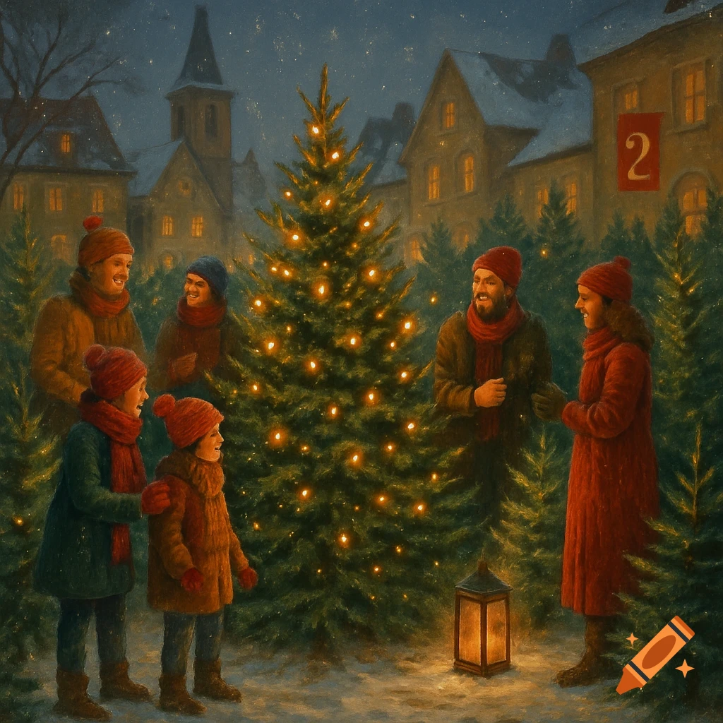 A festive winter scene depicting people gathered around a beautifully lit Christmas tree in a snowy town square at night. A banner with '2' is on a building.