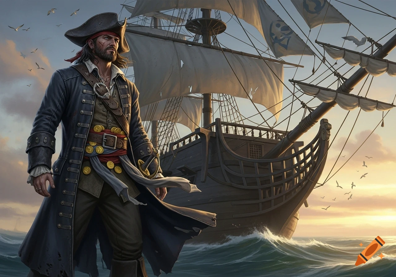 A rugged pirate in a tricorn hat and long coat stands on stormy seas next to a grand sailing ship at sunset, photorealistic.