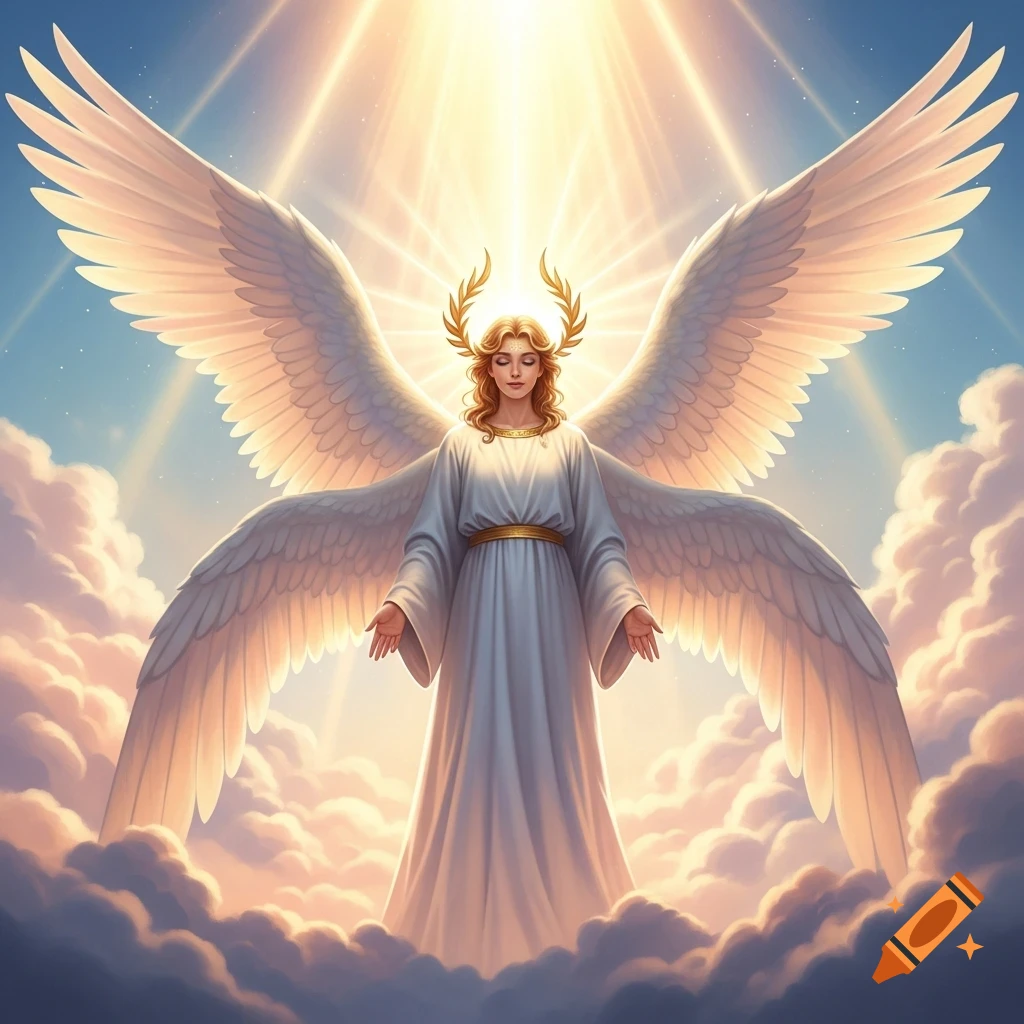 A majestic angel with large white wings, a golden laurel crown, and a white robe stands among clouds under radiant light.