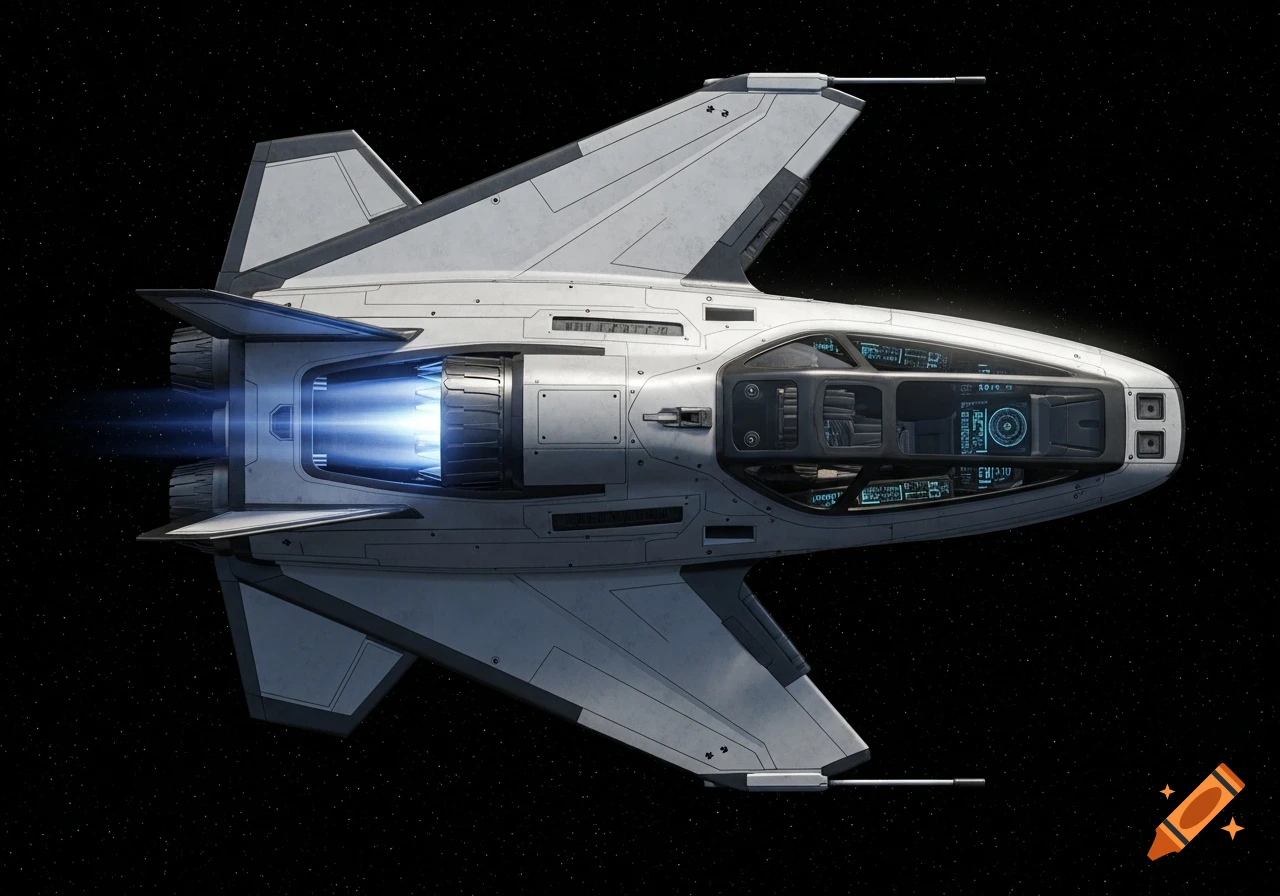 A white and grey chevron-shaped spaceship with a glowing blue engine against a black, starry background.