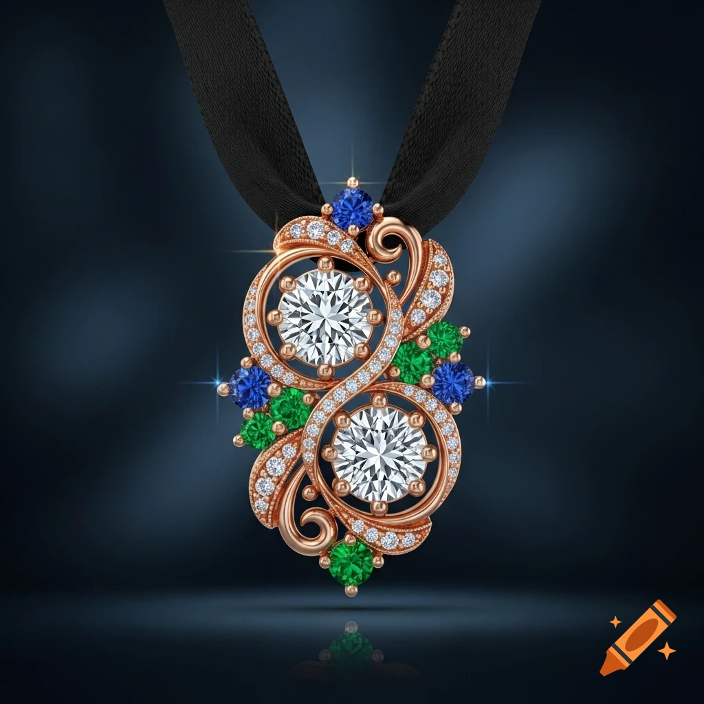 A rose gold pendant with two large central diamonds, accented by smaller diamonds, blue sapphires, and green emeralds, on a black ribbon.
