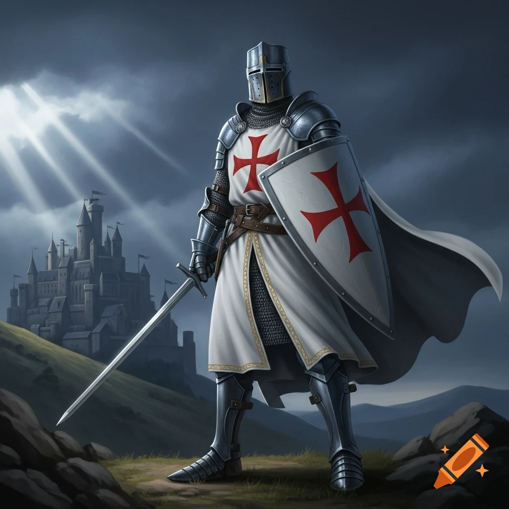 A Templar knight in full armor stands with a sword and shield on a hill before a castle under a dramatic sky with sun rays.