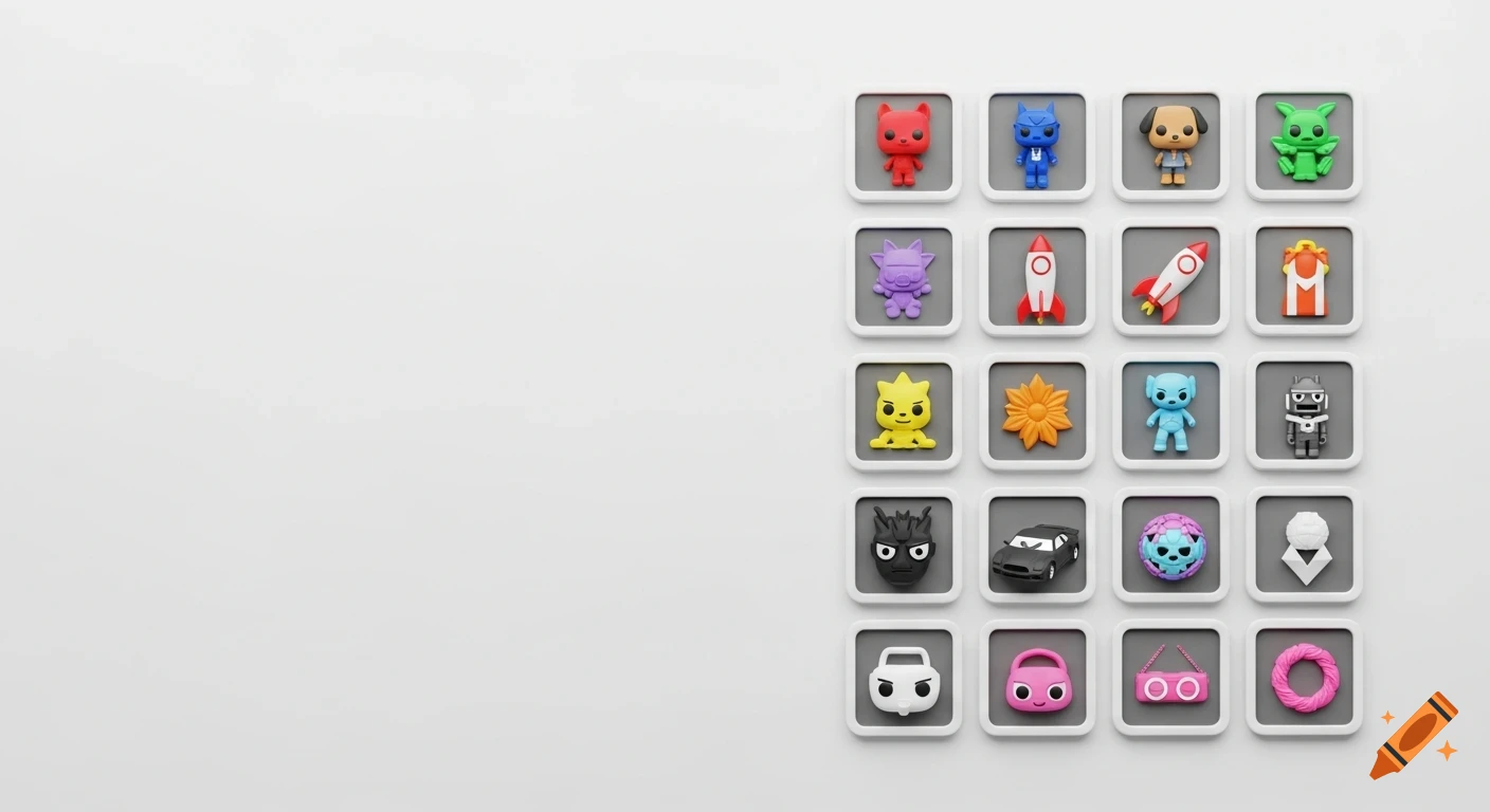 A 3D-rendered e-commerce catalog grid with 20 colorful, stylized toy-like figures and objects on a white background.