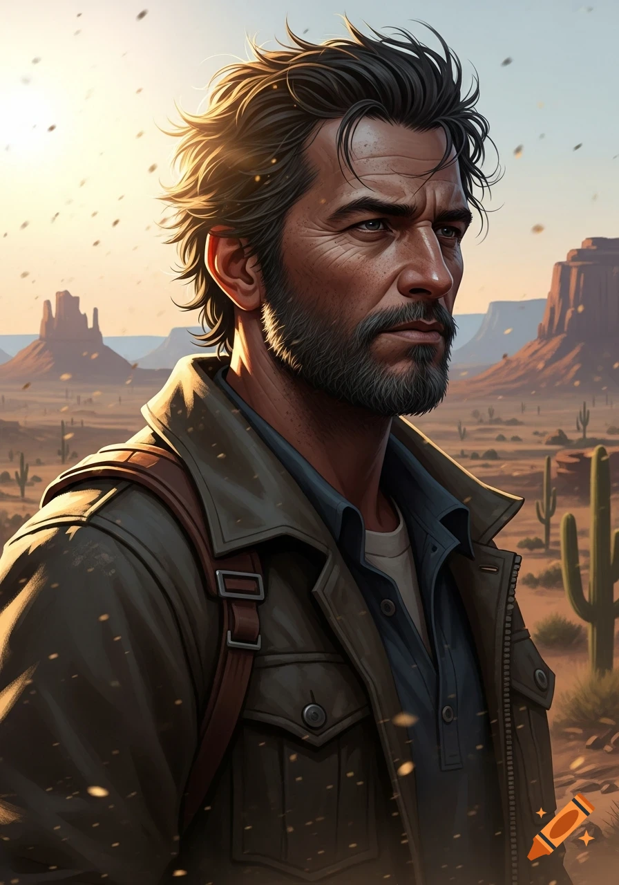 Stylized portrait of a rugged man with a beard and messy hair in a desert landscape with buttes and cacti.