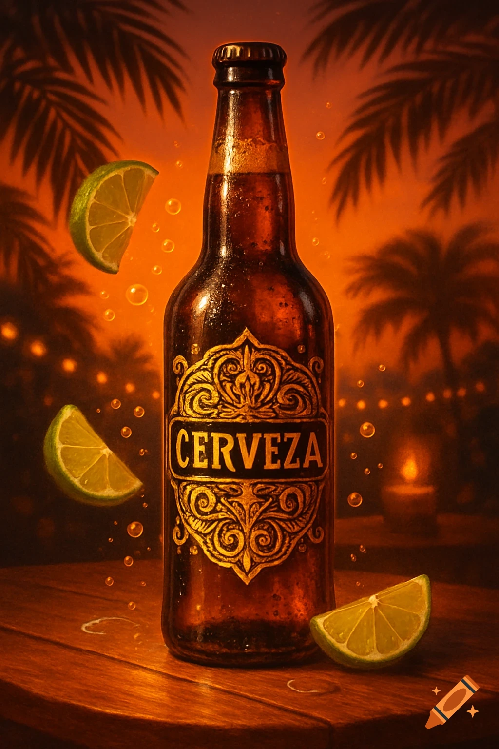 A brown beer bottle with a gold 'CERVEZA' label and lime slices, on a wooden table against an orange tropical sunset with palm trees.