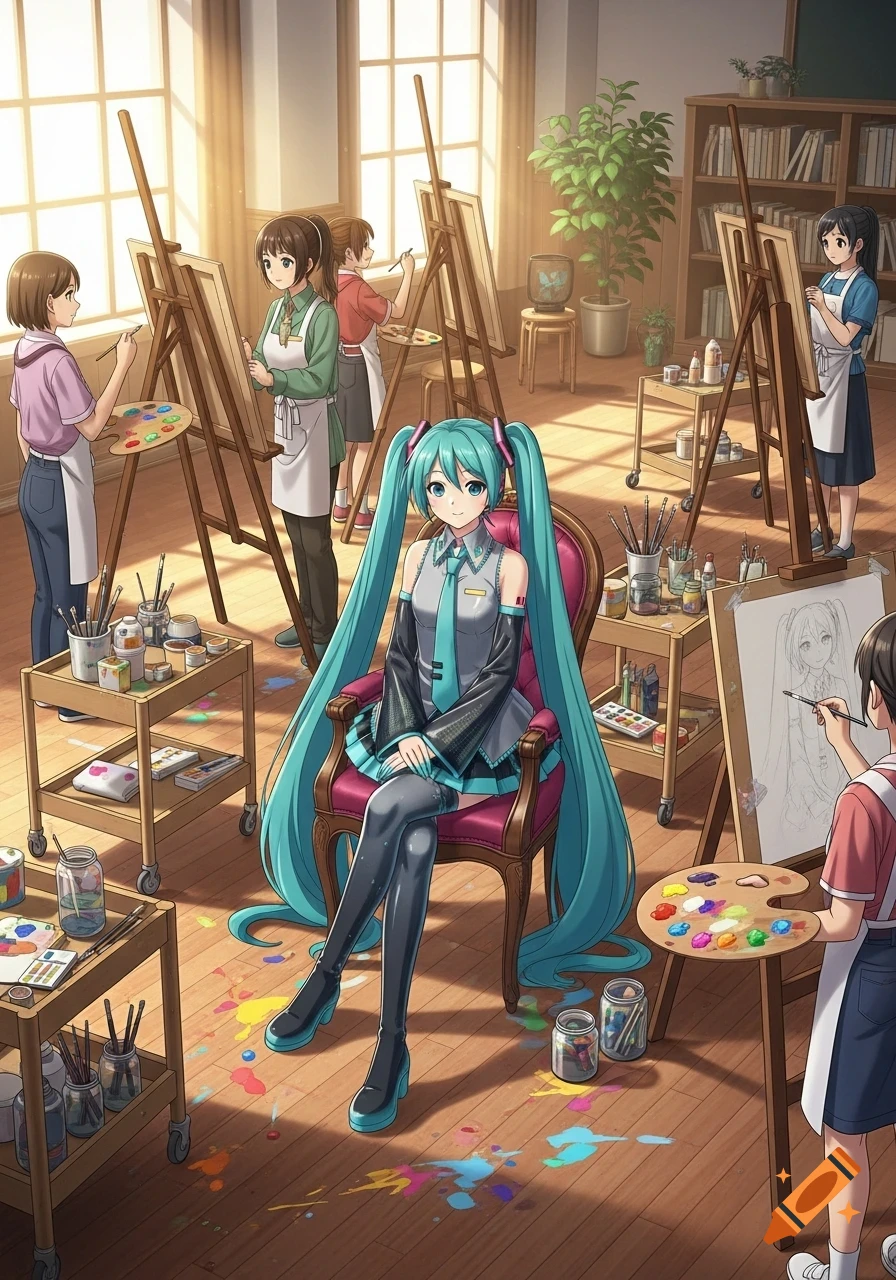 Hatsune Miku, with long blue pigtails, sits on a chair in an art classroom as students paint her portrait at easels.