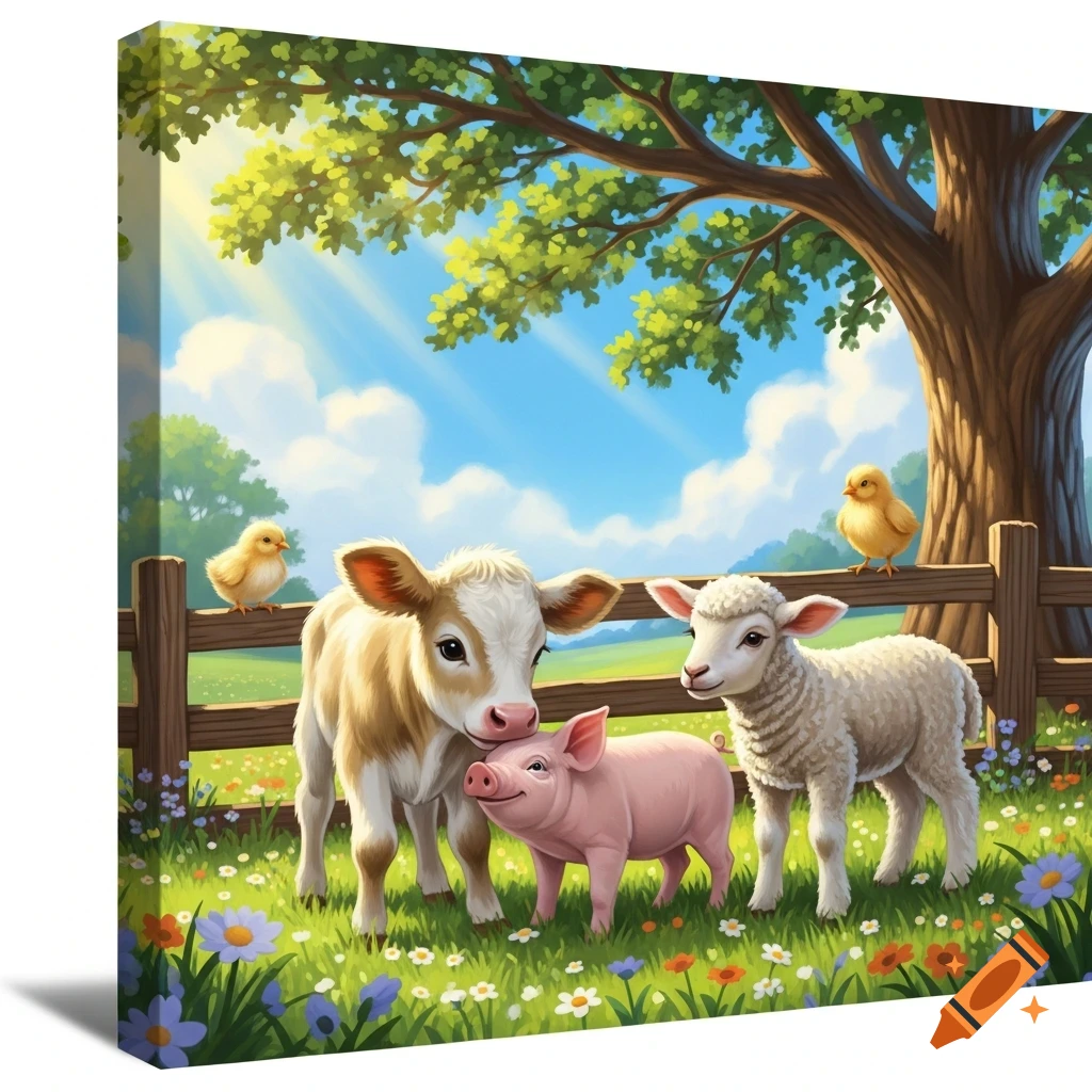 Cute calf, piglet, and lamb cuddle in a flowery field under a tree with chicks on a fence, sunny cartoon style.