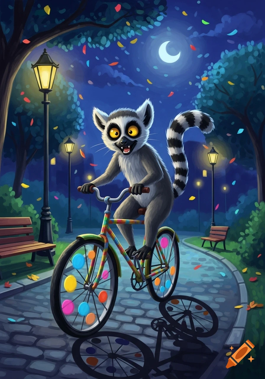 A cartoon lemur with big yellow eyes rides a colorful bicycle through a park at night, with glowing streetlights and falling confetti.