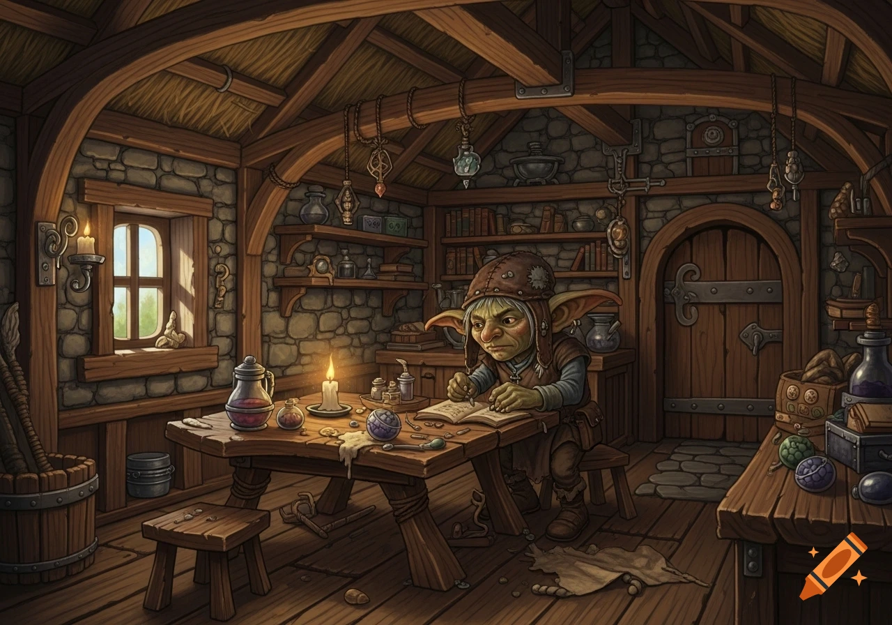 A small goblin in a leather helmet writes in a book at a wooden table, illuminated by candlelight in a rustic stone and wood hut.