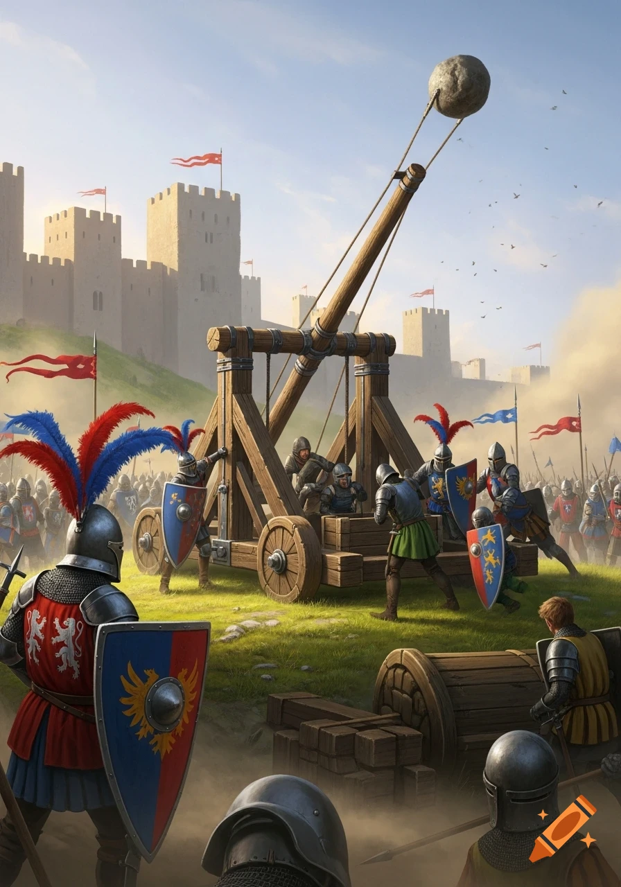 A large medieval catapult being operated by armored soldiers on a ...