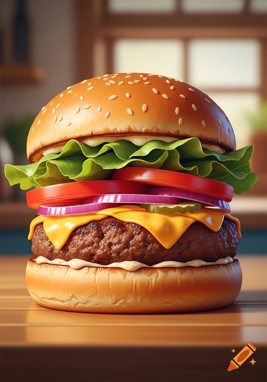 A photorealistic close-up of a stacked burger with lettuce, tomato, onion, pickles, cheese, and a beef patty on a wooden table.