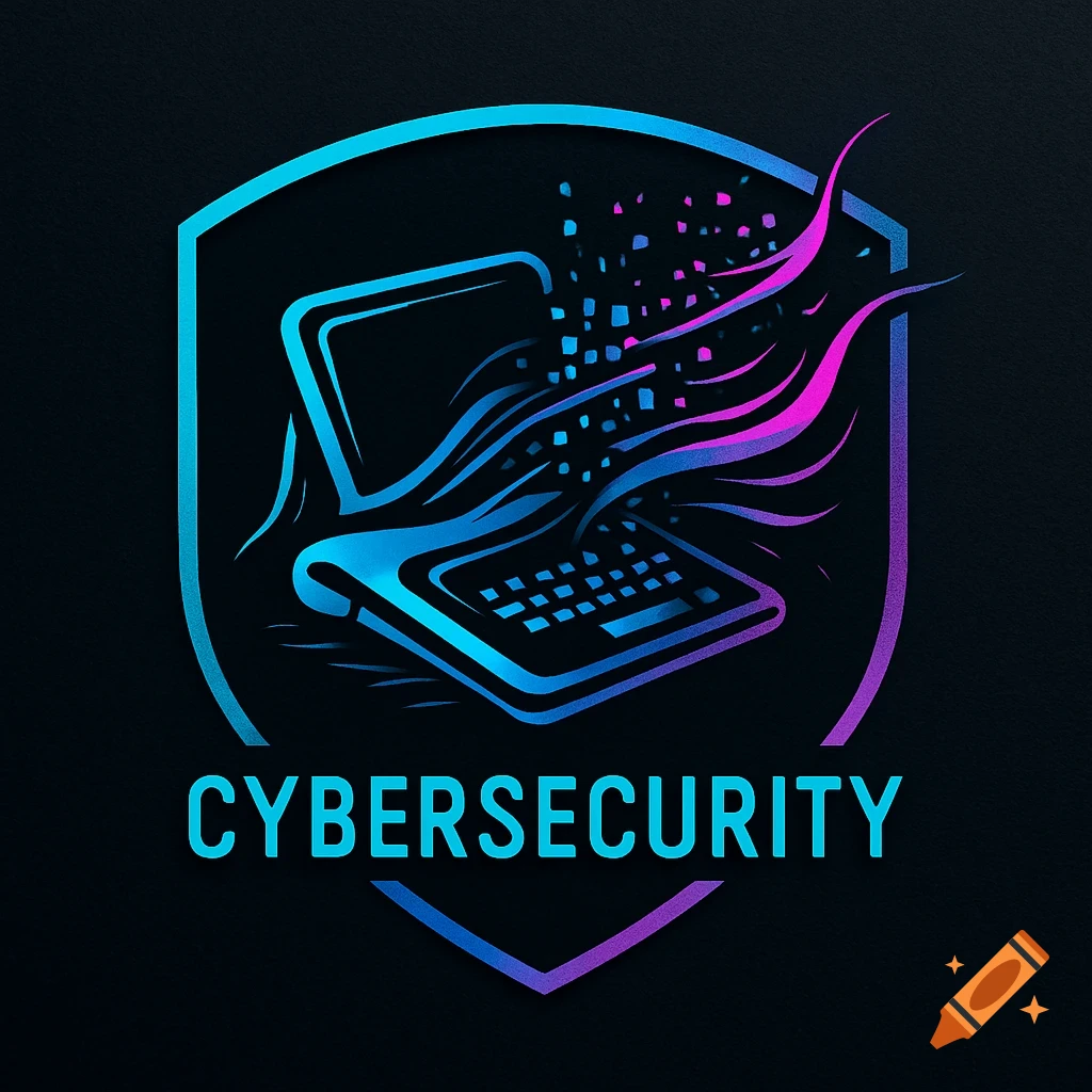 A stylized neon blue and magenta cyberdeck deconstructing into digital particles within a shield logo, with 'CYBERSECURITY' text below, on a dark background.