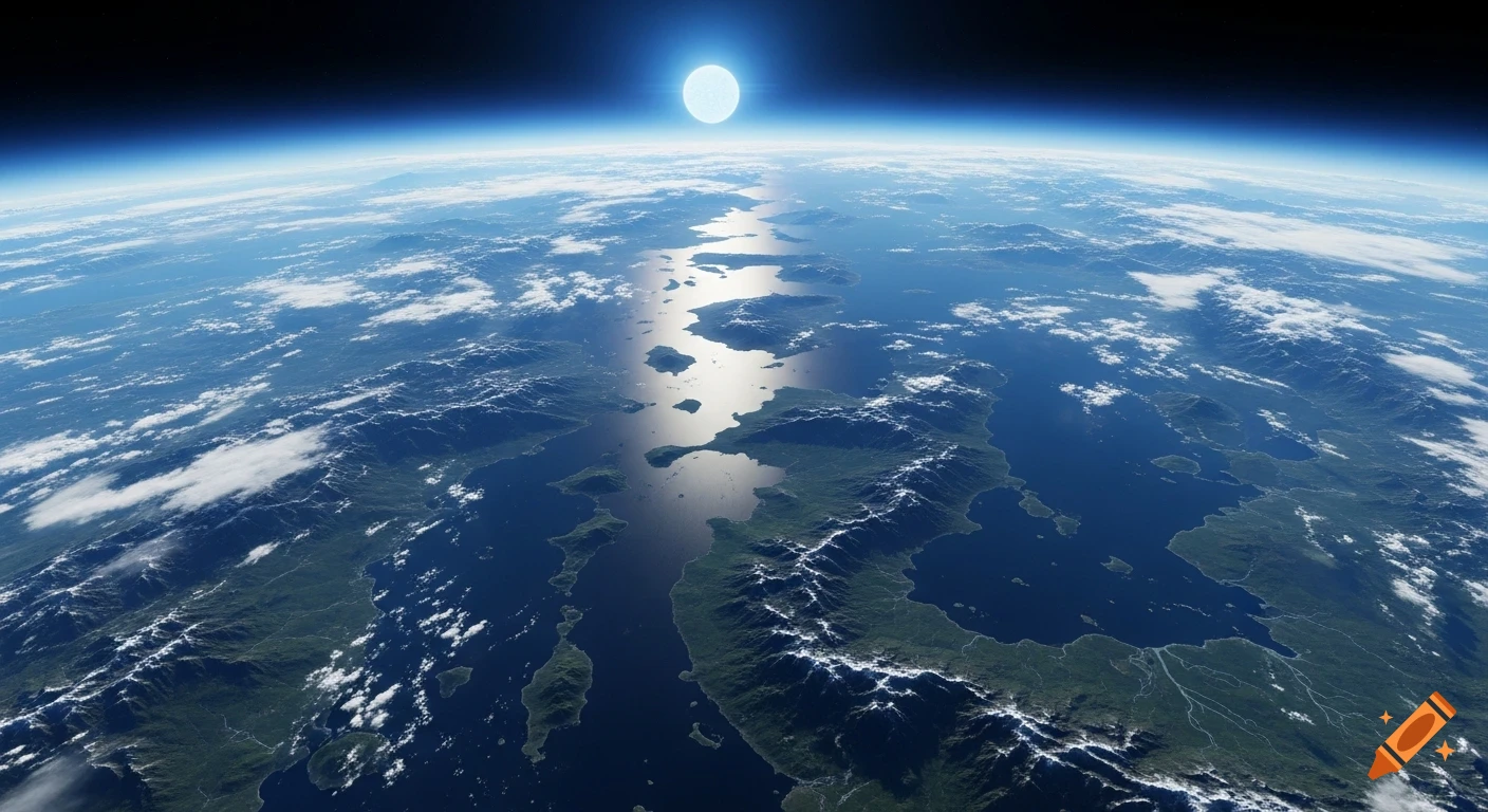 An alien planet from orbit, showing continents, islands, and reflective oceans under a luminous blue star.