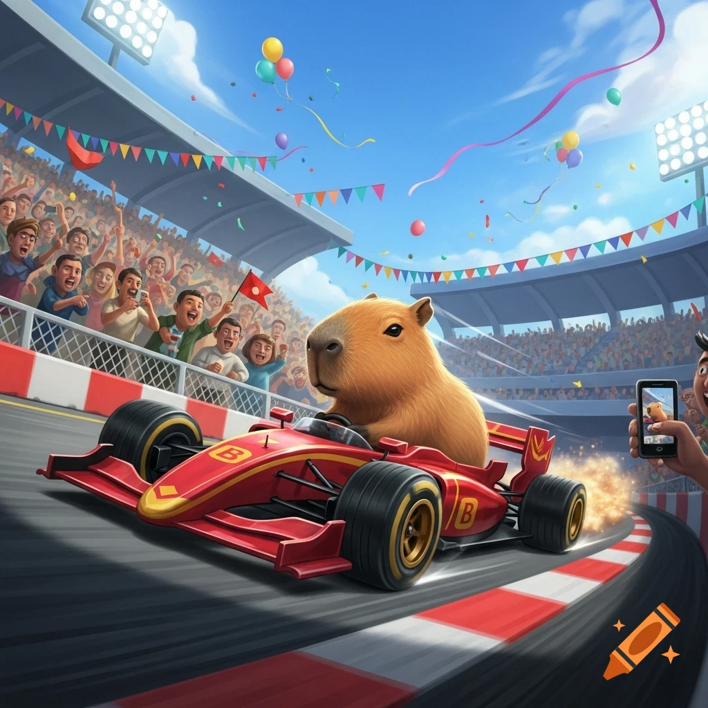 Capybara Racing A cute capybara drives a red Formula 1 race car on a track in a crowded ...