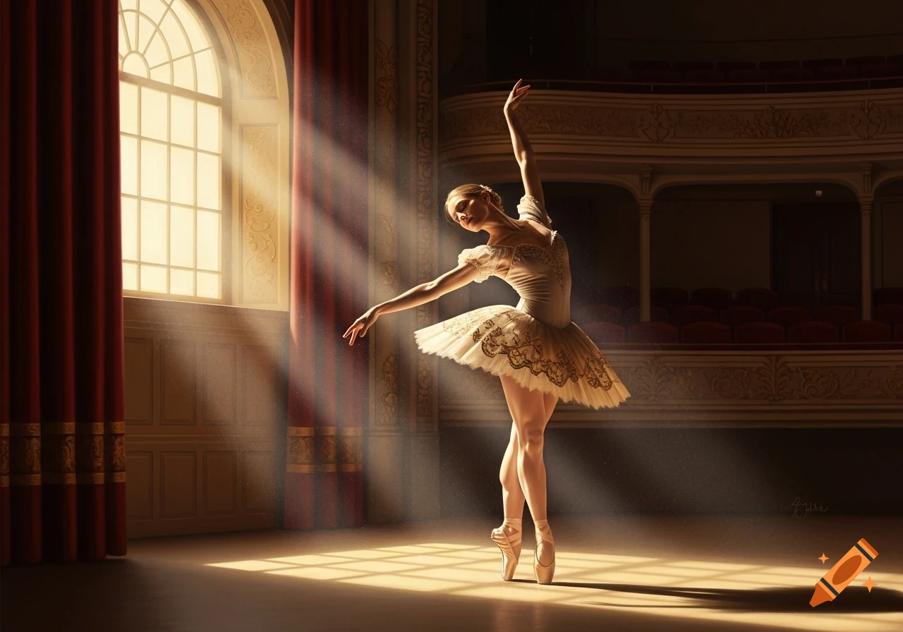 A ballerina in a white tutu dances on pointe in a sunlit theater, with red curtains and empty seats in the background.