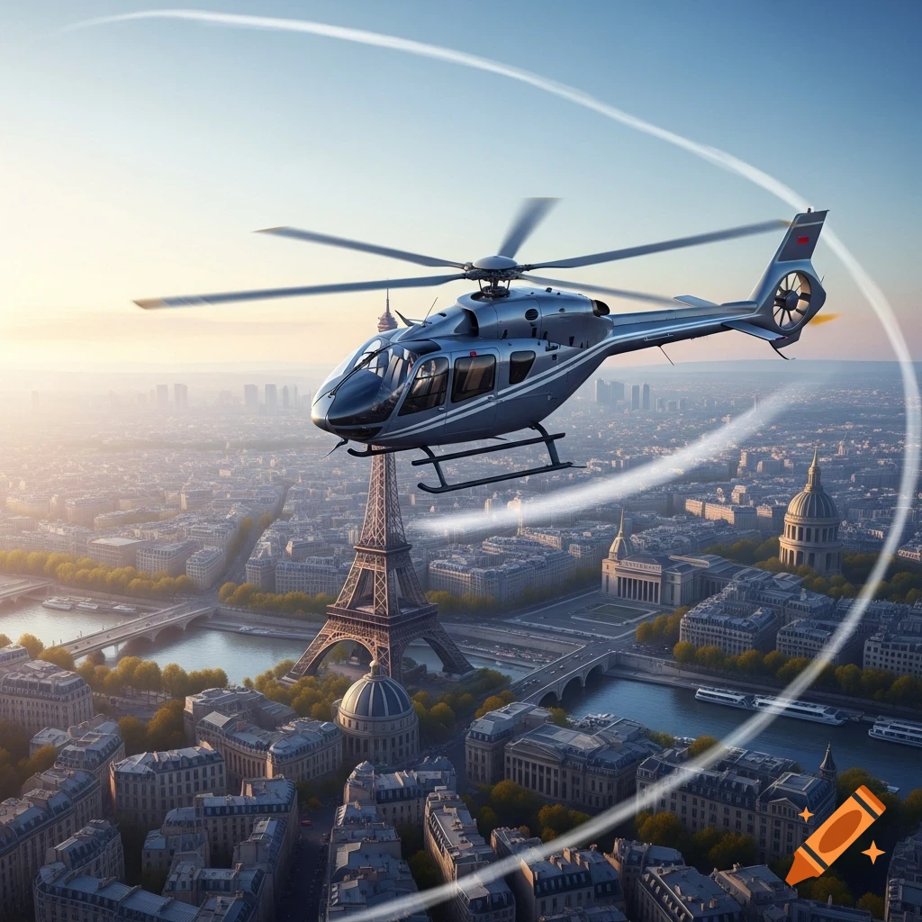 A photorealistic blue and silver helicopter flying over the Paris cityscape with the Eiffel Tower.