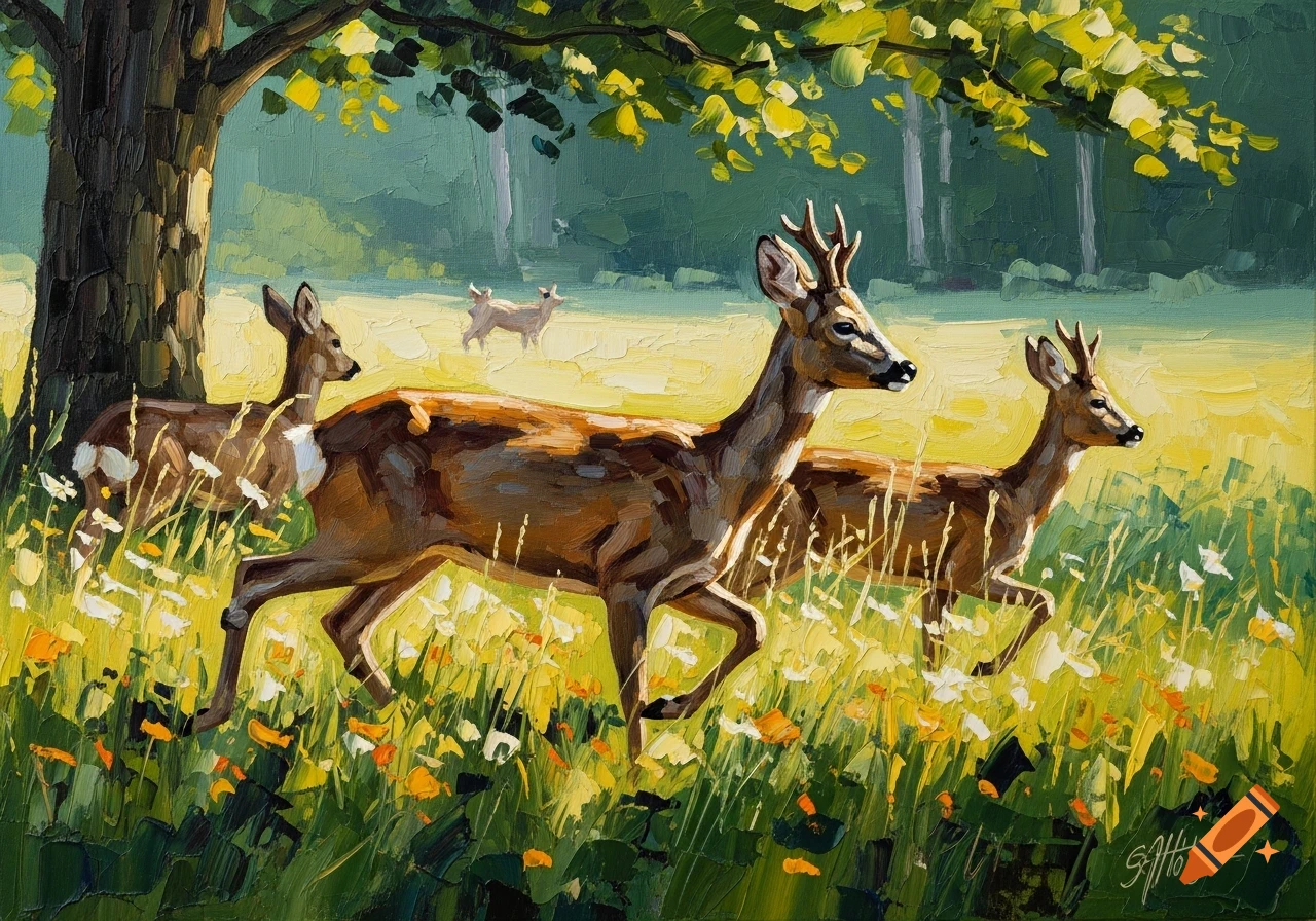Post-impressionistic oil painting of roe deer running through a sunny, flower-filled field with impasto brushstrokes.