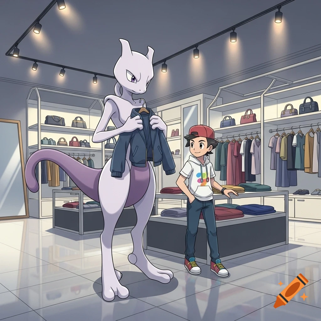 Mewtwo holds a jacket while a young male trainer stands in a vibrant anime-style clothing store.