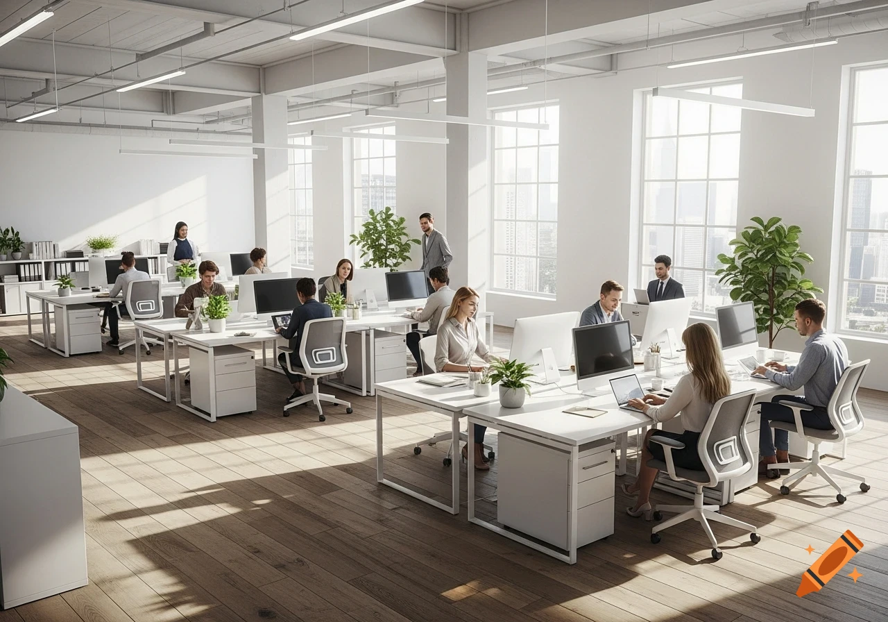 Diverse professionals working on laptops and computers in a bright, modern open-plan office with natural lighting.