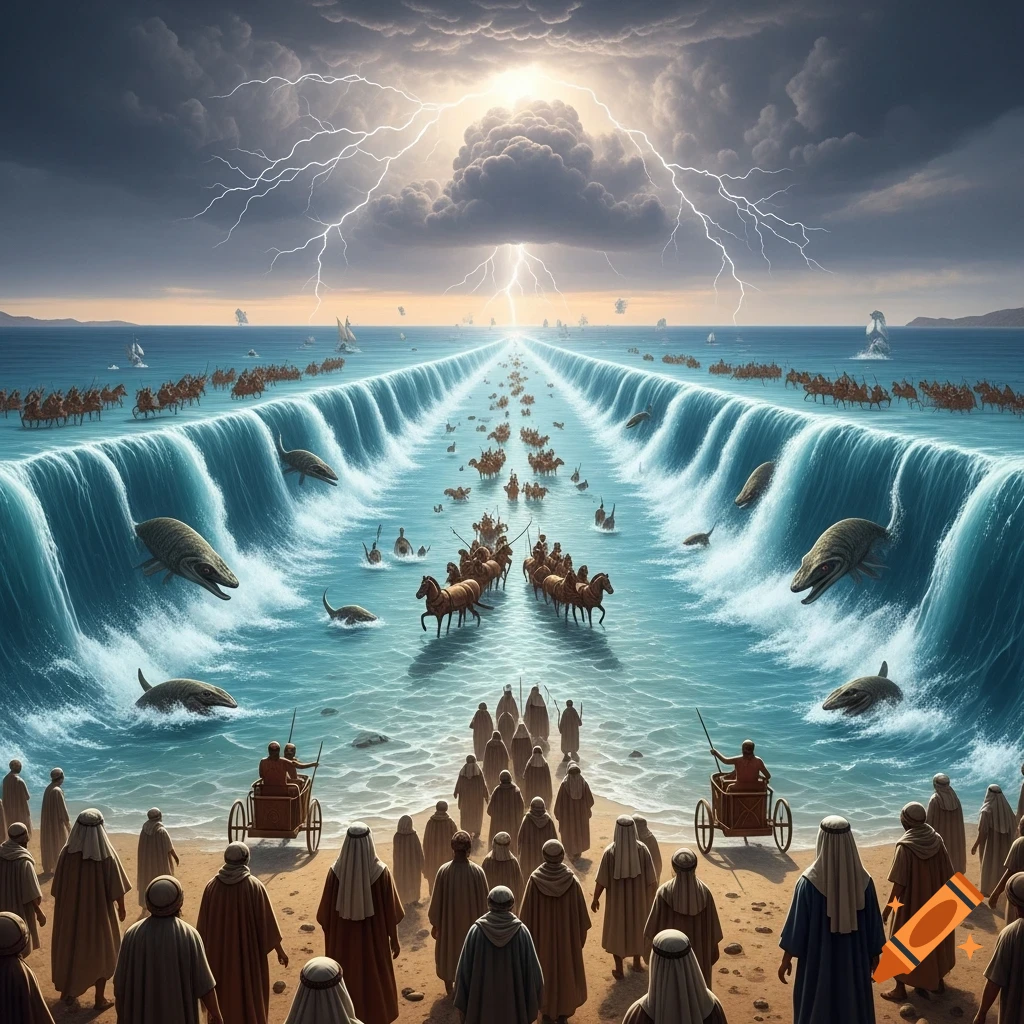 An epic illustration of the Red Sea parting under a lightning storm, as Israelites cross on dry land while the Egyptian army drowns in collapsing water walls filled with huge sea animals.