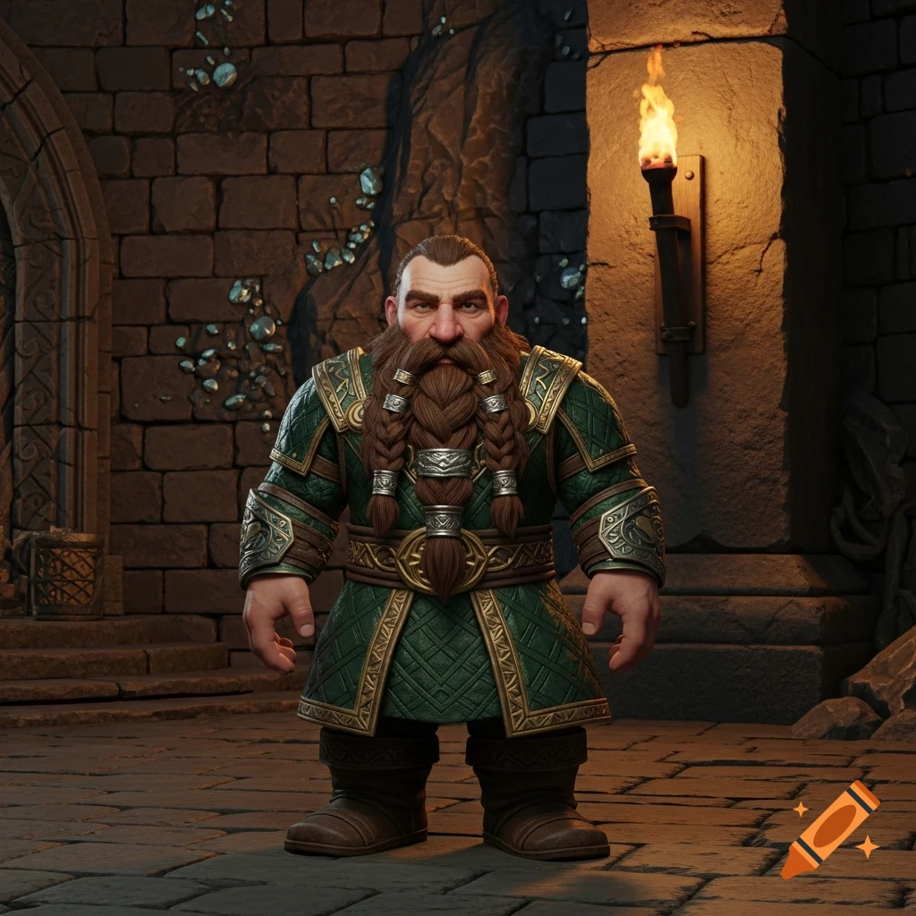 A muscular dwarf with a long braided beard wearing green and gold armor stands in a stone dungeon illuminated by a torch.