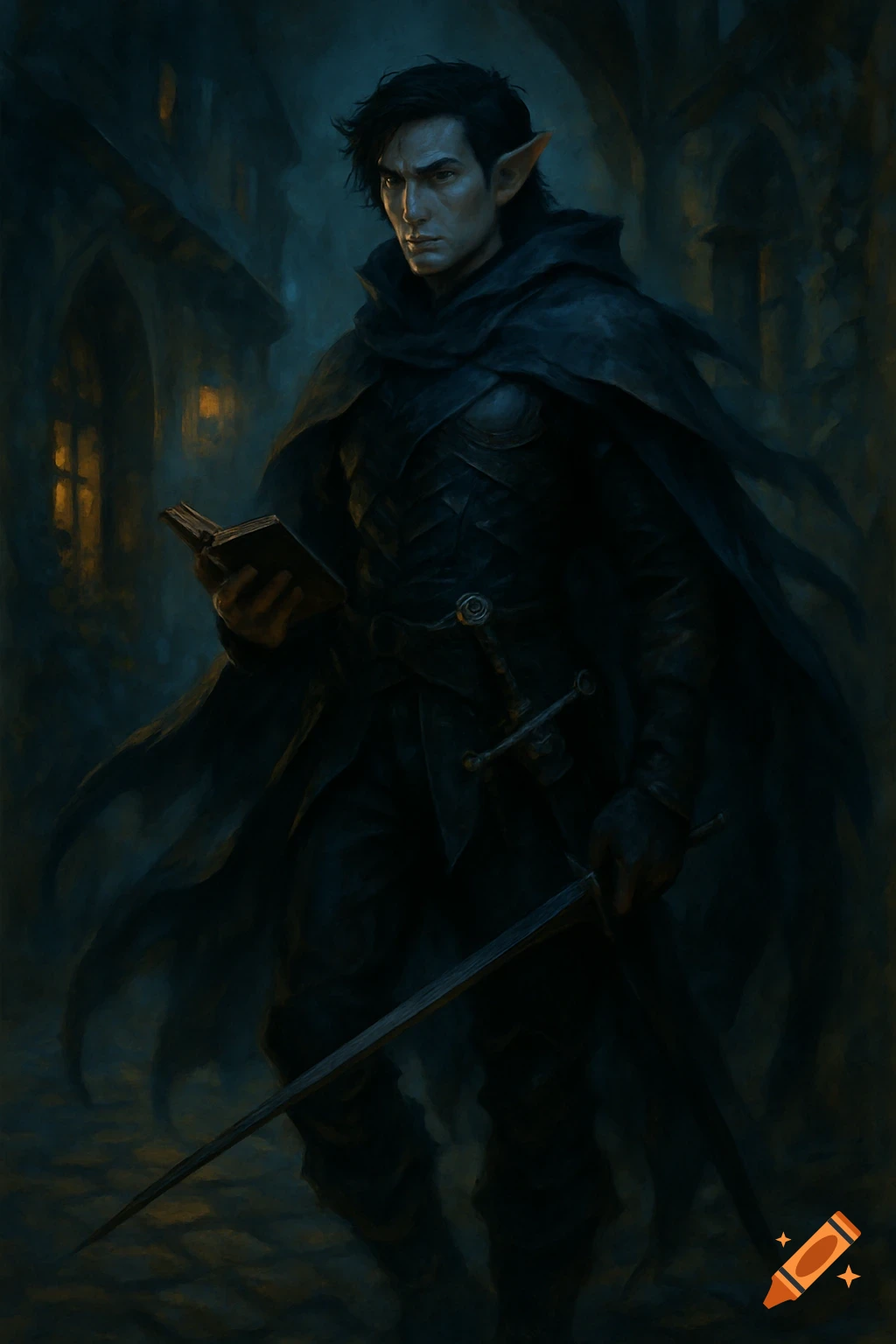 A dark-haired, pointy-eared elf in a black cloak and armor stands in a dimly lit, ancient street, holding an open book and a sword. Painterly style.