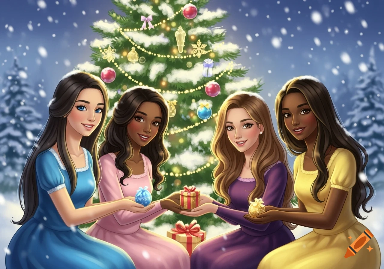 Four smiling cartoon-style girls in colorful dresses hold gifts in front of a snowy, decorated Christmas tree.