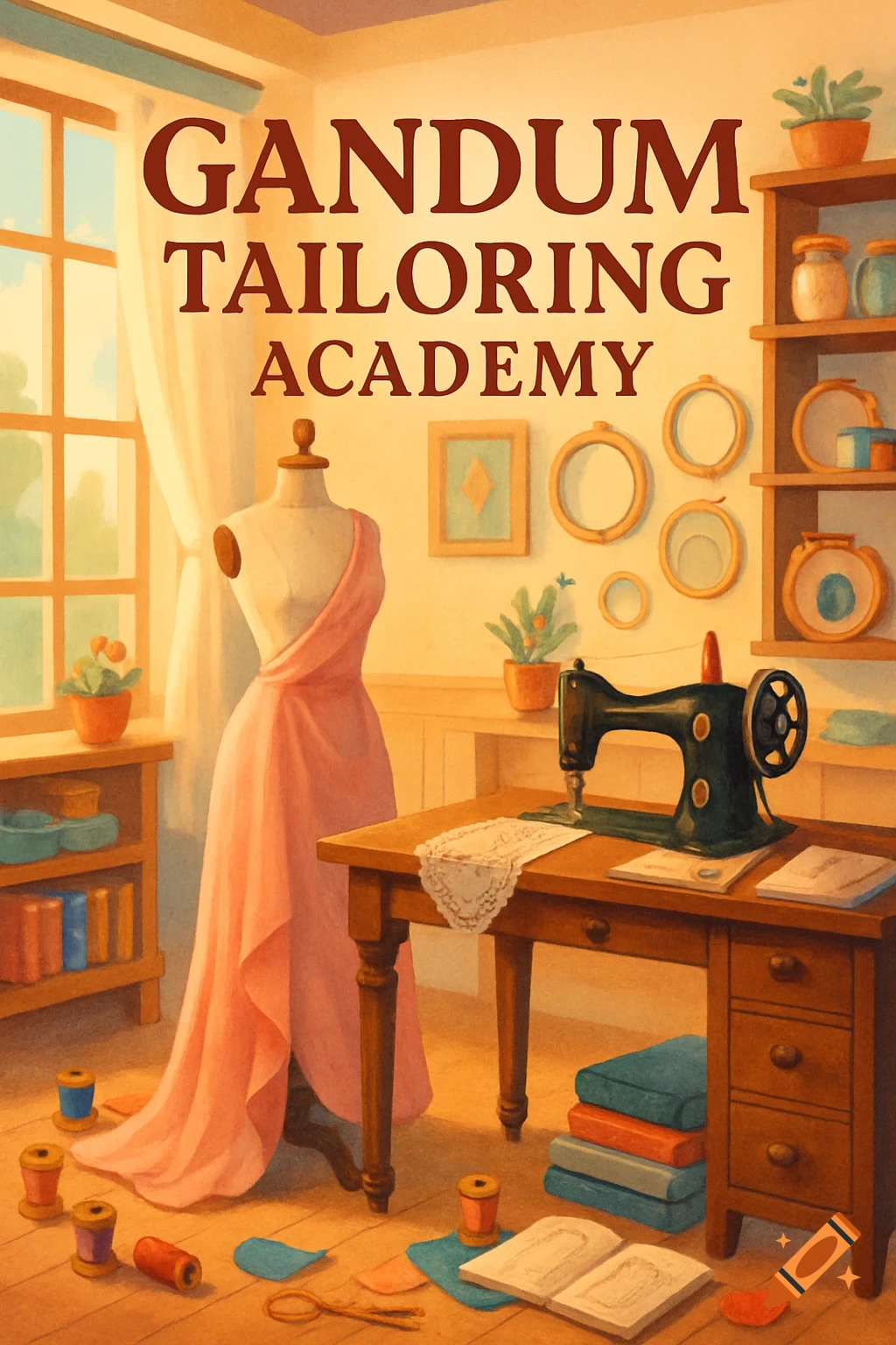 An inviting illustration of a tailoring academy with a mannequin, sewing machine, and spools of thread. Text reads 'GANDUM TAILORING ACADEMY'.