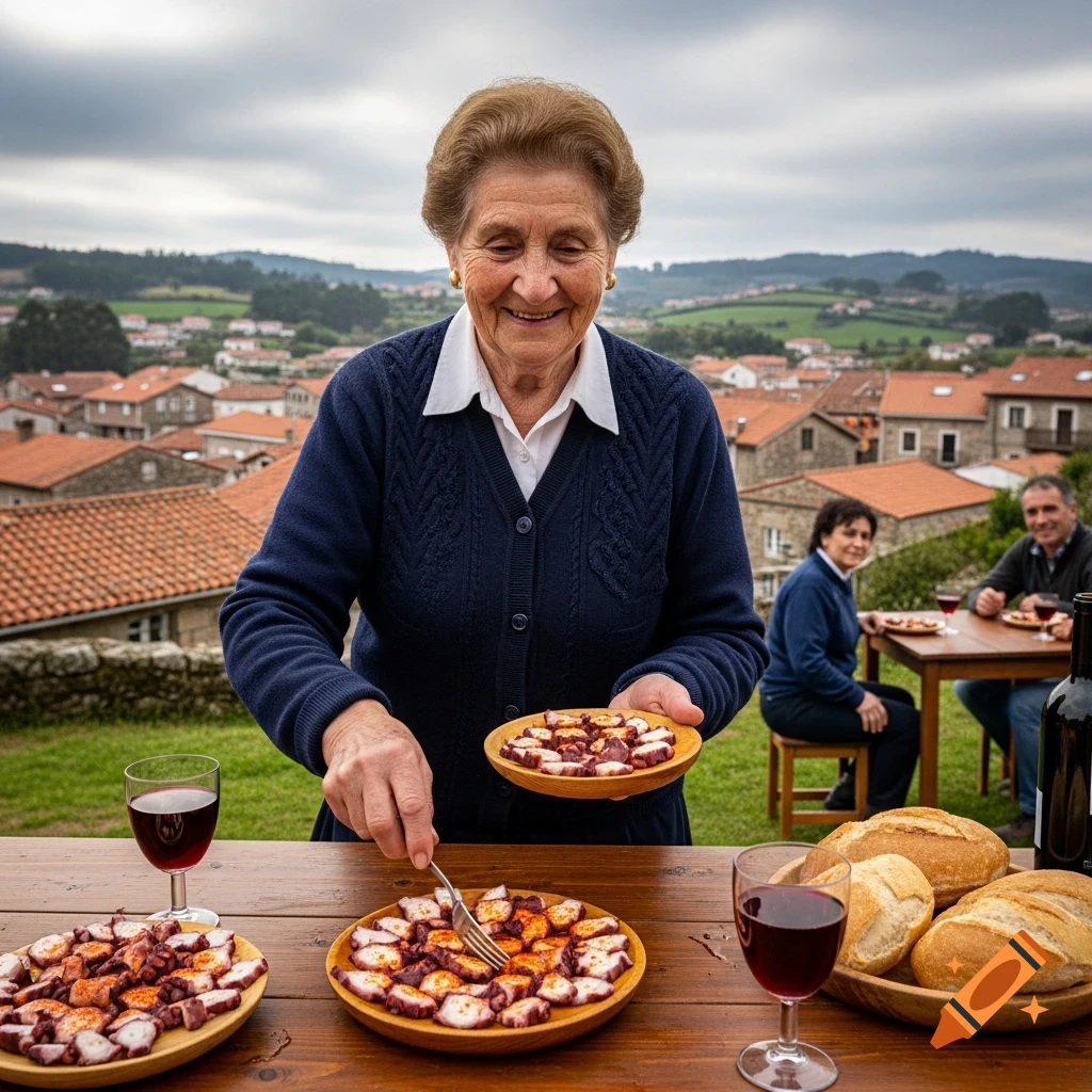Smiling elderly woman serves octopus with bread and wine at an outdoor table in a rural Galician landscape with stone houses and green hills.