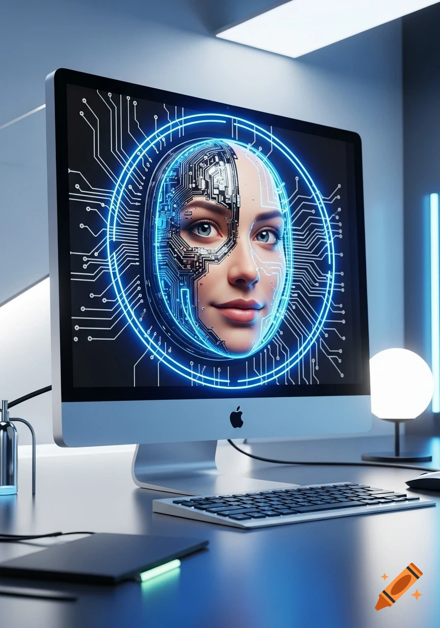 A computer monitor displays a detailed face, half human and half circuit board, in a sleek modern office setting.
