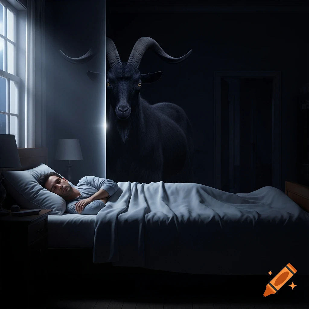 A man sleeps soundly in a dark bedroom, unaware of a large black goat with horns silently watching him from the shadows beside his bed, photorealistic.
