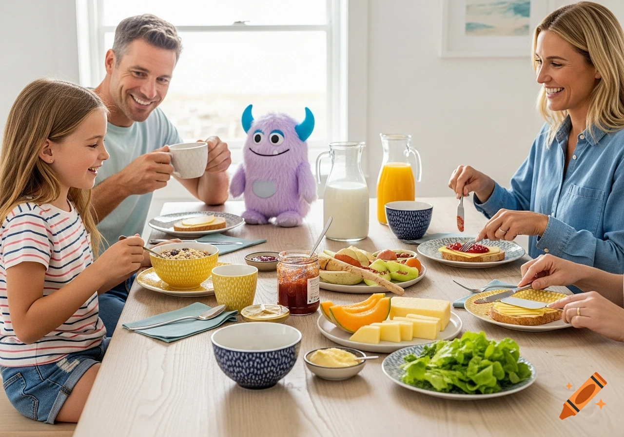 A smiling family with a girl, a man, and a woman, along with a purple monster plushie, enjoy a breakfast spread at a sunlit wooden table.