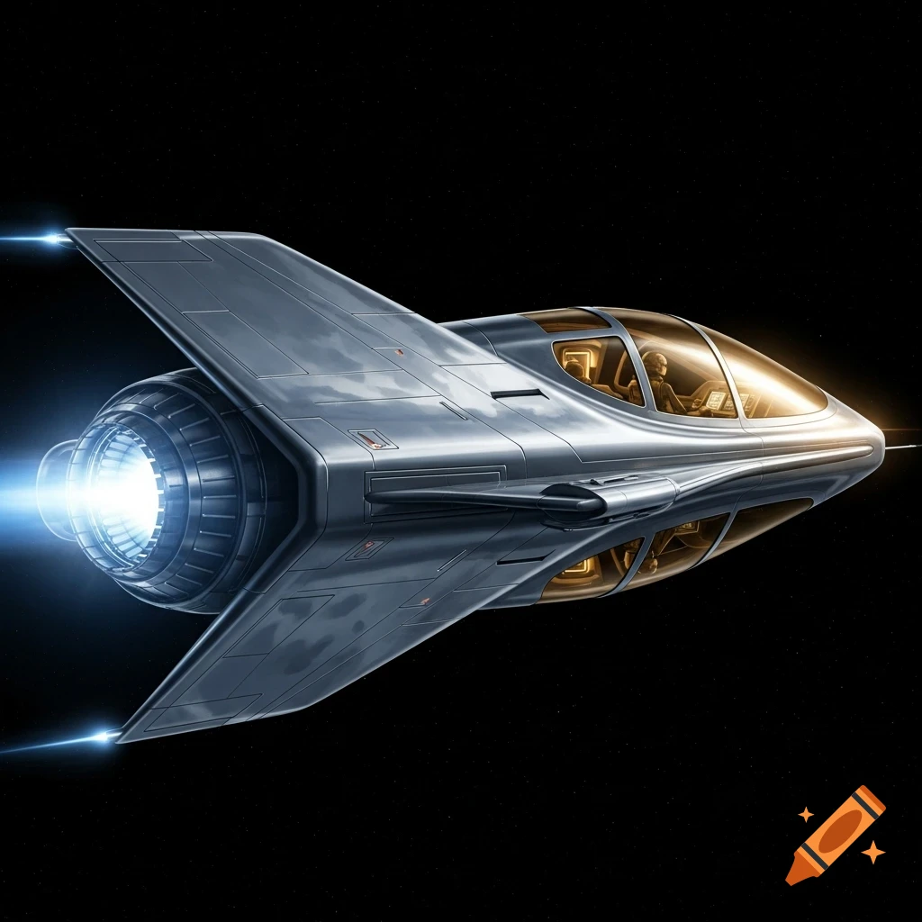 A sleek, silver, chevron-shaped spaceship with a glowing blue engine flies through a black, starry space, with a pilot visible in the cockpit.