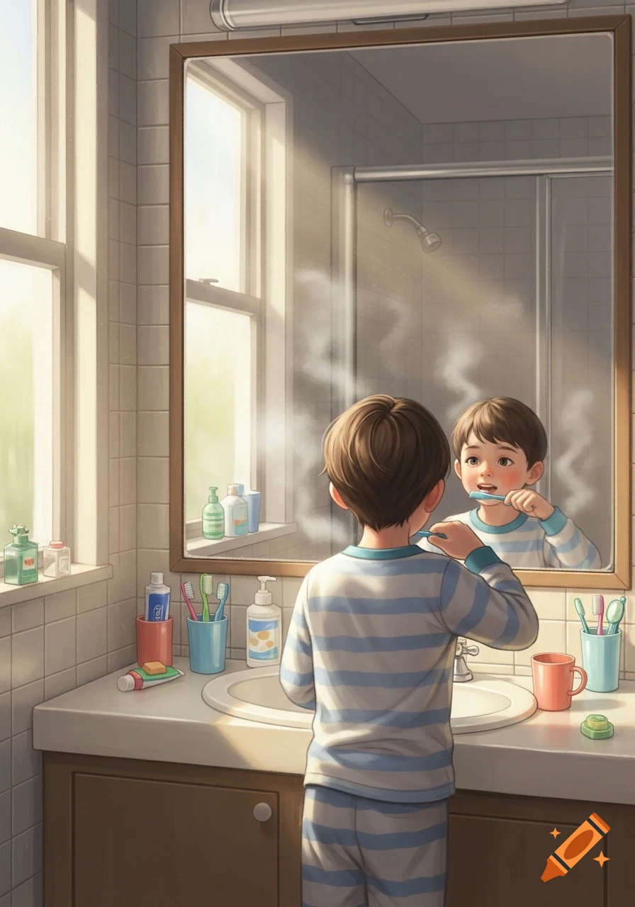 An illustrated young boy in blue and white striped pajamas brushes his teeth in a sunlit bathroom, looking at his reflection in the mirror.