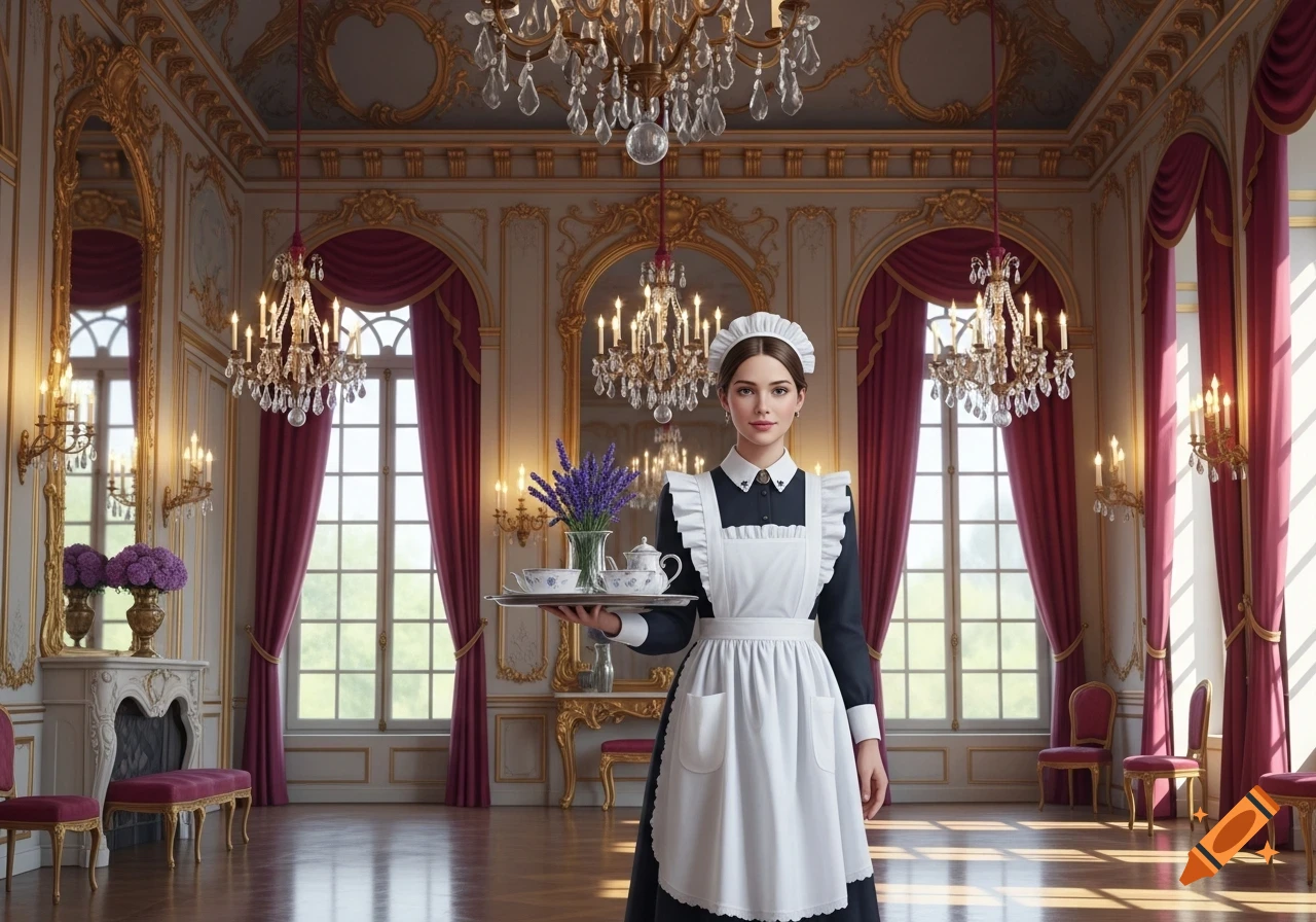 A maid in a black and white uniform holds a tray with a tea set and lavender, standing in an opulent mansion room.