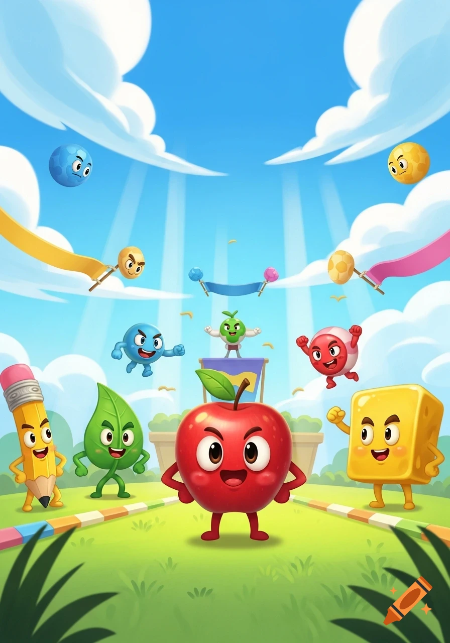 Cartoon characters including an apple, pencil, leaf, and cheese block in a colorful outdoor game setting with a blue sky.