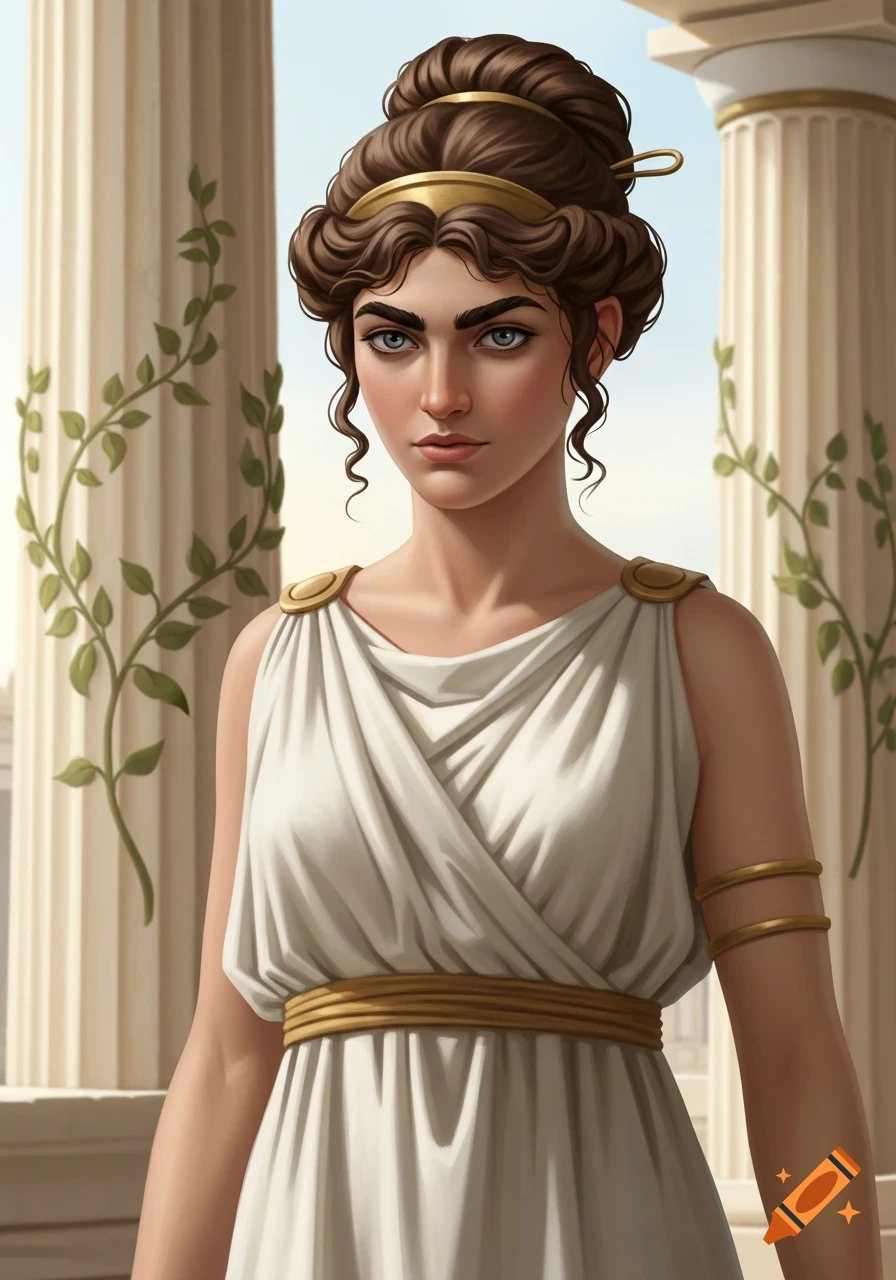 Stylized portrait of an Ancient Greek woman with a brown hair bun and gold headband, wearing a white chiton, standing between classical columns.