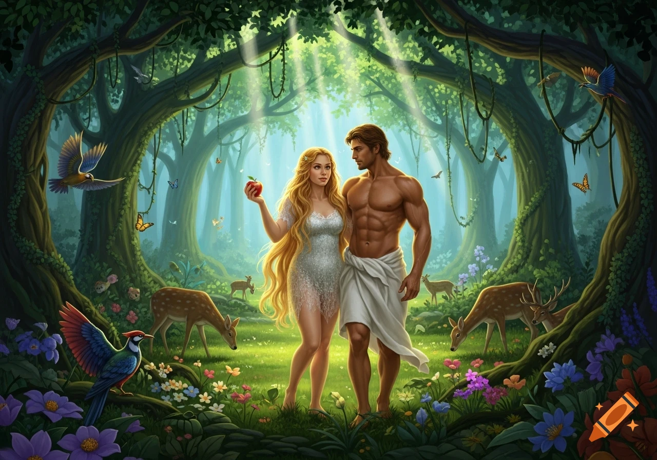 Illustrative depiction of Adam and Eve in a lush paradise garden, Eve holding an apple, surrounded by animals and vibrant flora.