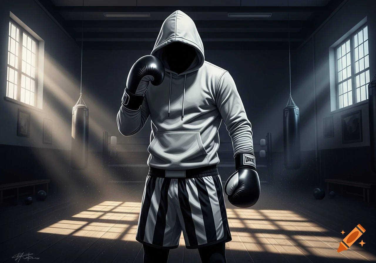A figure in a white hoodie and boxing shorts, wearing black gloves, stands in a dramatic, sunlit boxing gym.