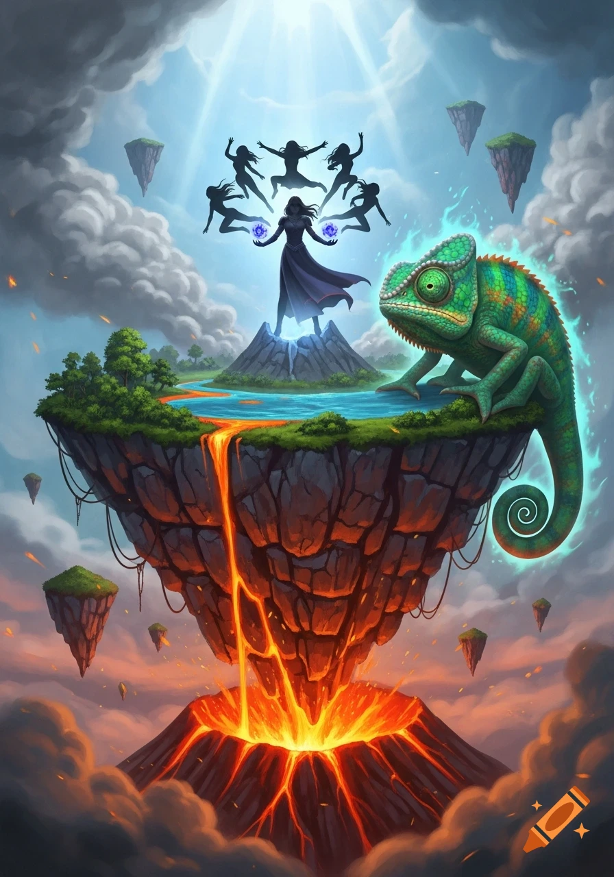 Epic fantasy art of a woman controlling shadow figures on a floating island above an erupting volcano, observed by a giant chameleon.
