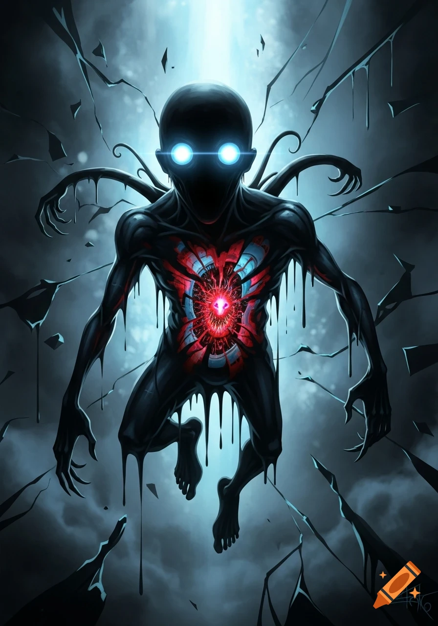 A dark, monstrous creature with glowing blue eyes and a red core in its ...