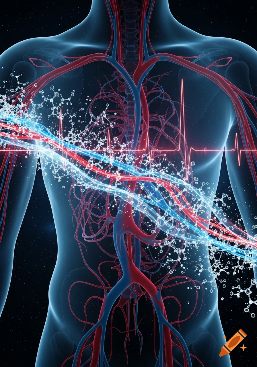 Stylized 3D medical illustration of a translucent human torso showing red and blue blood vessels, with a glowing heart rate line and molecular structures.