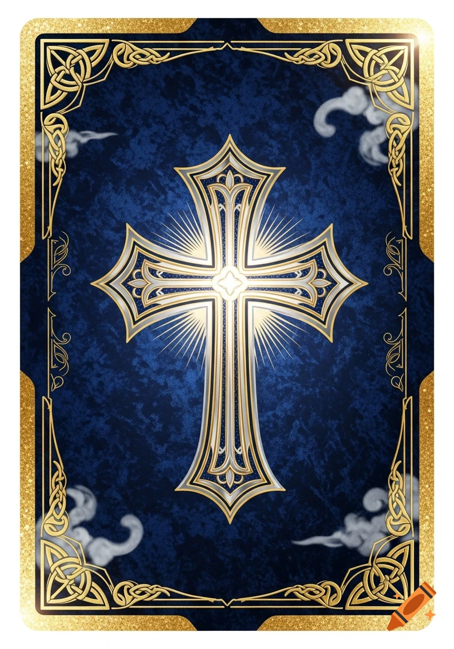 A golden and silver ornate cross on a deep blue textured background, framed by a golden Celtic knot border.