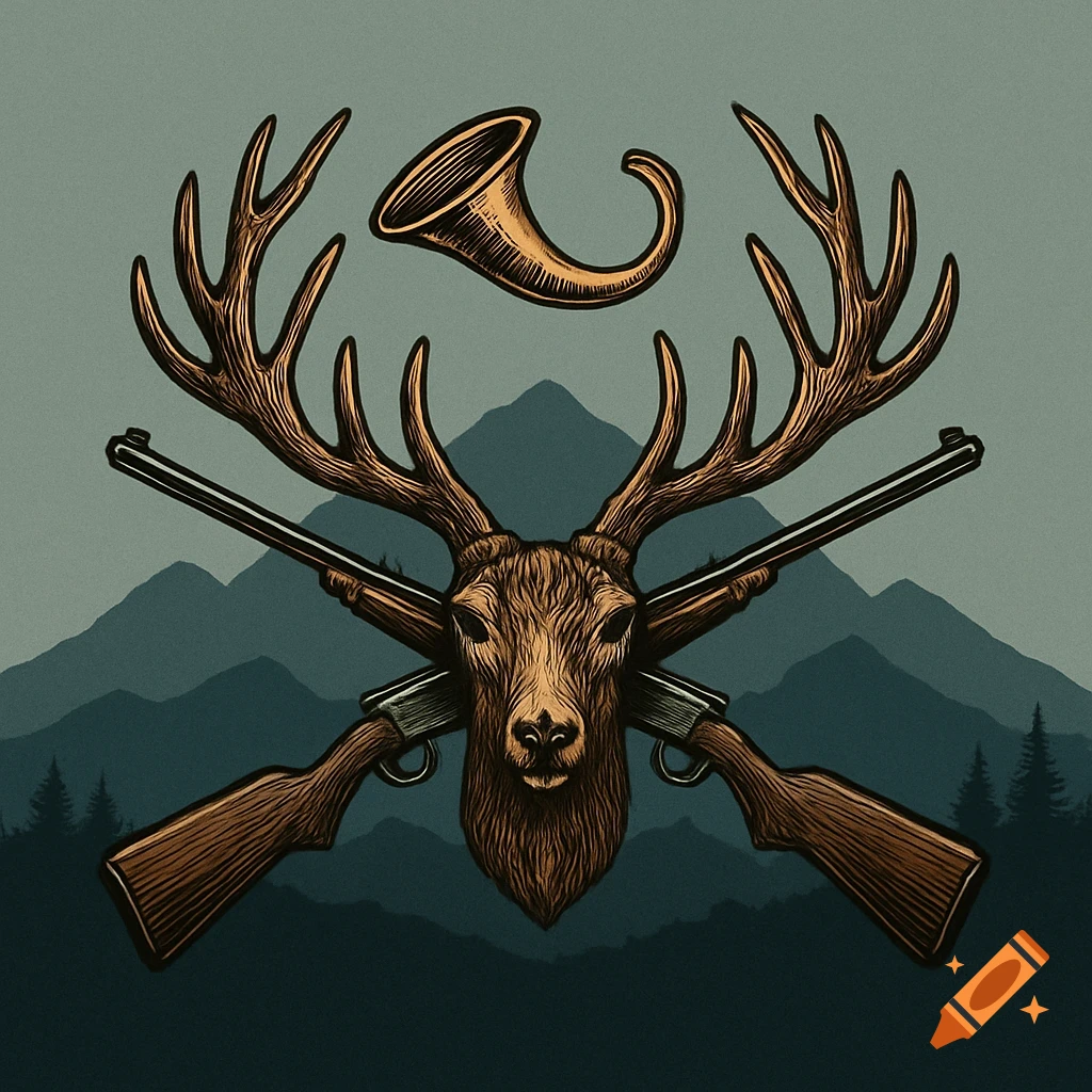 A stylized logo featuring a deer head with large antlers, two crossed rifles, and a hunting horn, set against a mountain and forest silhouette.