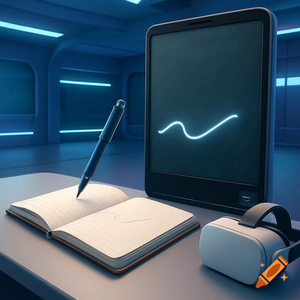 A VR headset, open notebook with a pen, and a tablet displaying a blue wave on a desk in a futuristic blue-lit room, 3D render.