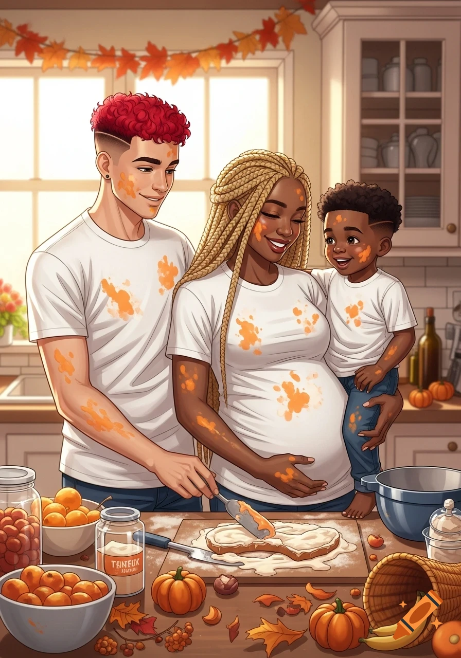 An illustrated family, a father, pregnant mother, and son, with orange food splatters, making Thanksgiving desserts in a kitchen.